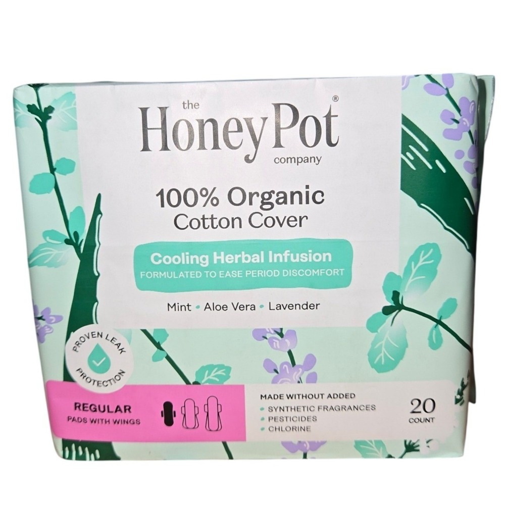 The Honey Pot Organic Cotton Regular Pads with Wings Cooling Herbal 20 Count